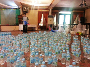 A field of water bottles for relief